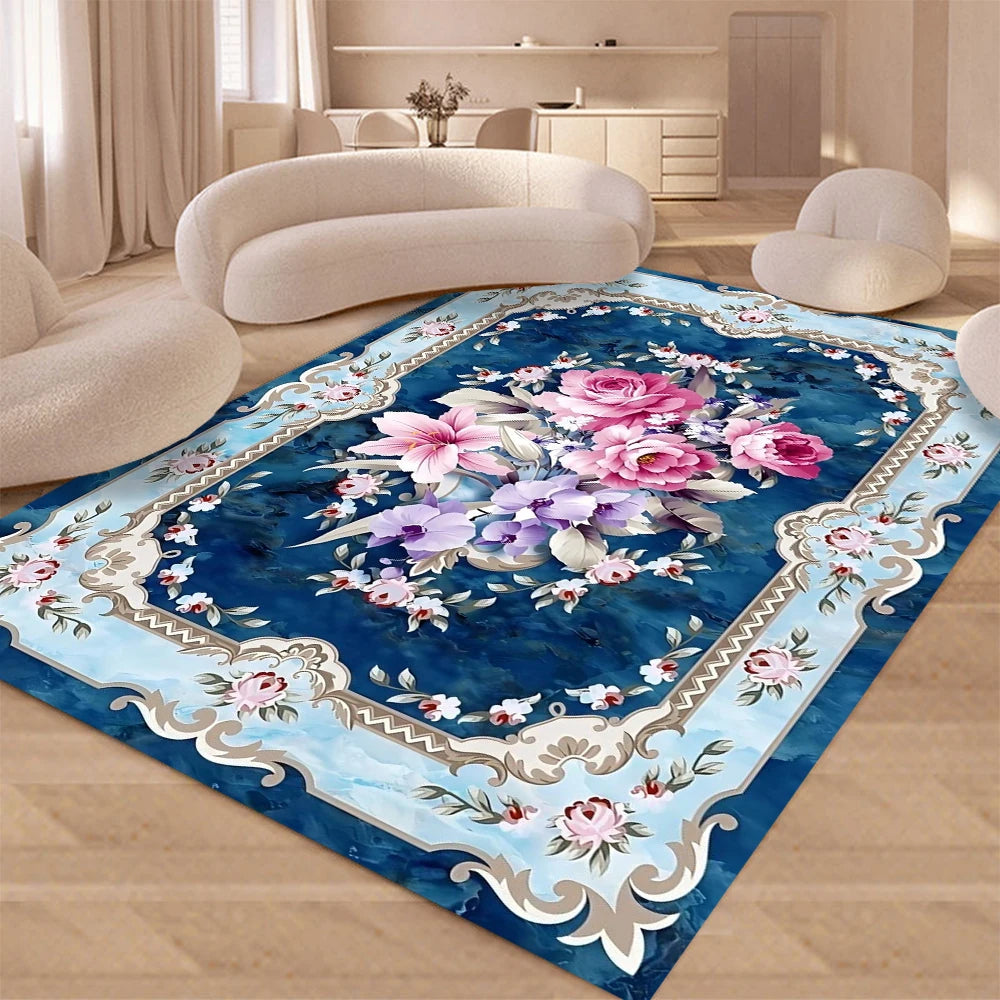 European Retro Floral Large Carpet for Living Room Luxury Decoration Rug Non-slip Bedroom Cloakroom Washable Soft Mat