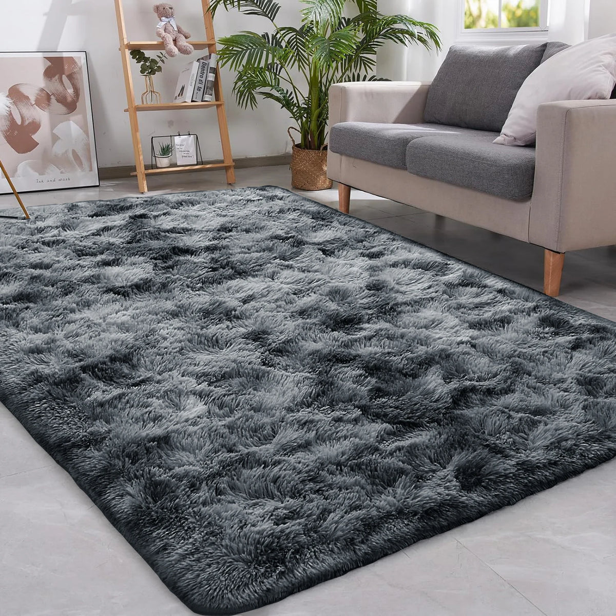 Tie Dyed Dark Gray Carpet Shaggy Rugs for Living Room Bed Room Baby Floor Mats Non-Slip Washable Home Decor Blanket