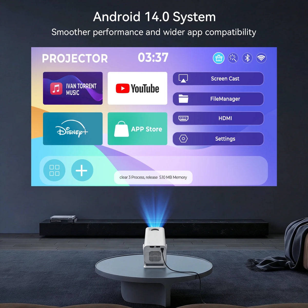 Smart Mini Projector Android 14, Supports 4K Video Native 720P, Bluetooth 5.4 with WiFi 6, Portable Outdoor Home Theater