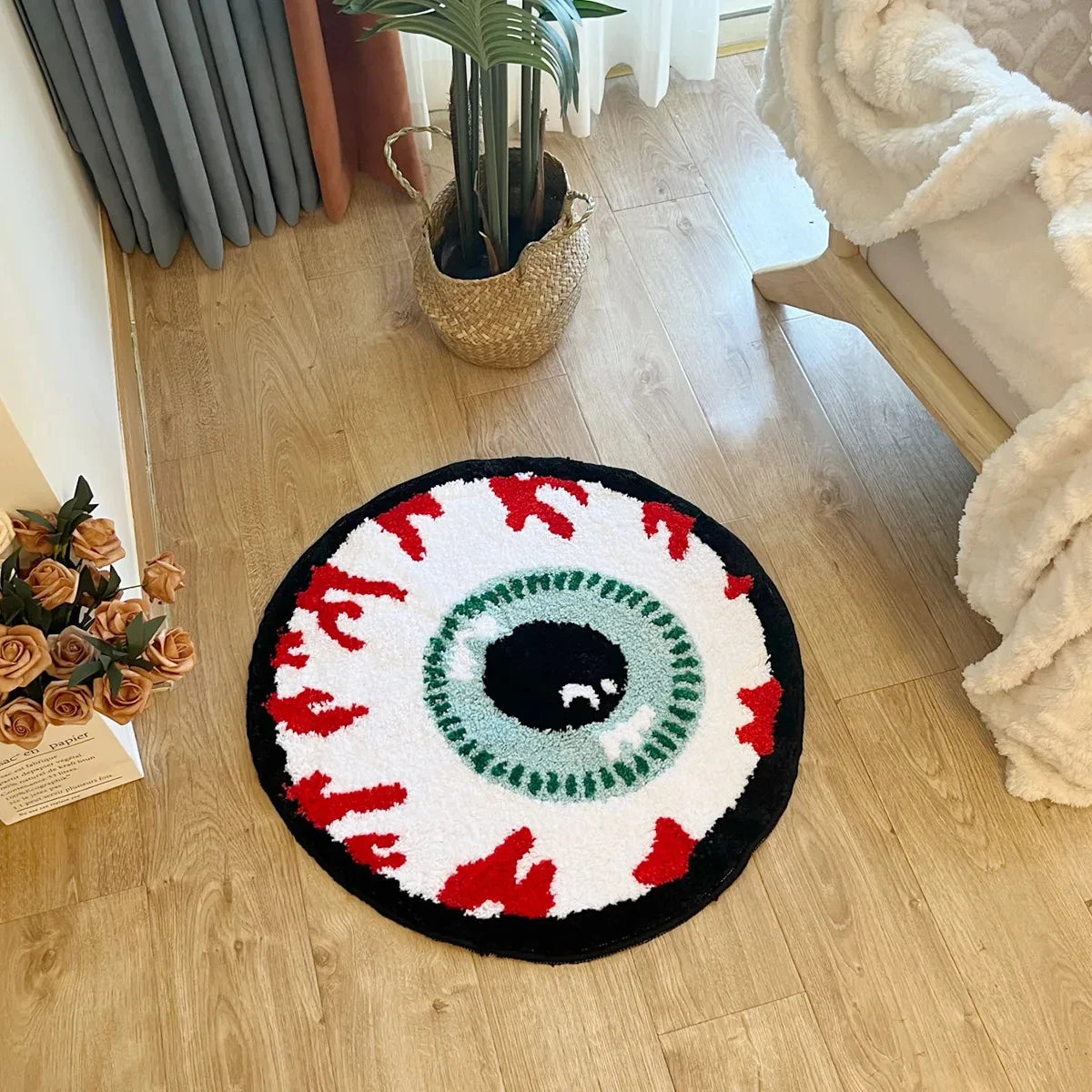 Bursting Eyeball Handmade Tufted Rug Doormat Fluffy Tufted Soft Area Rug Circular Thickened Antislip Carpet Living Room Bedroom