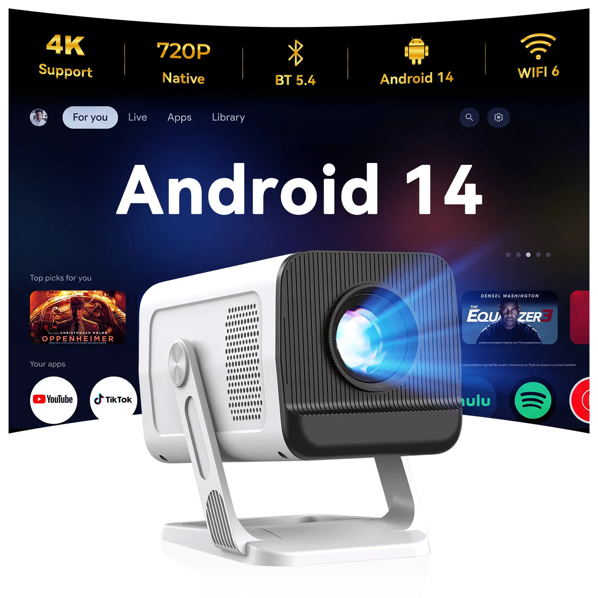 Smart Mini Projector Android 14, Supports 4K Video Native 720P, Bluetooth 5.4 with WiFi 6, Portable Outdoor Home Theater