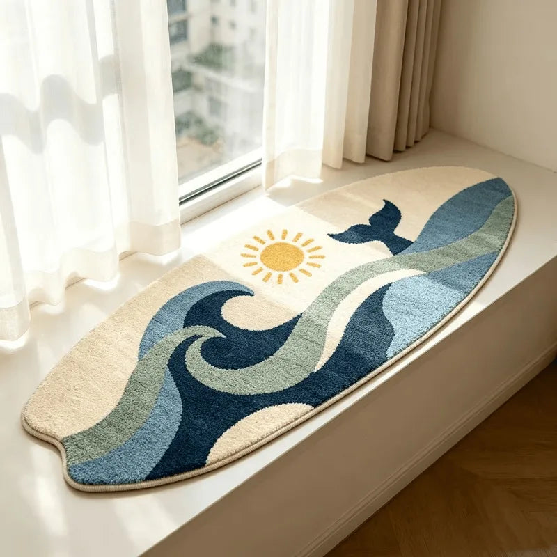 Summer Waves Whale Shaped Surfboard Rug Trendy Fun Unique Bedroom Bedside Carpet for Living Room Soft Washable Floor Mat