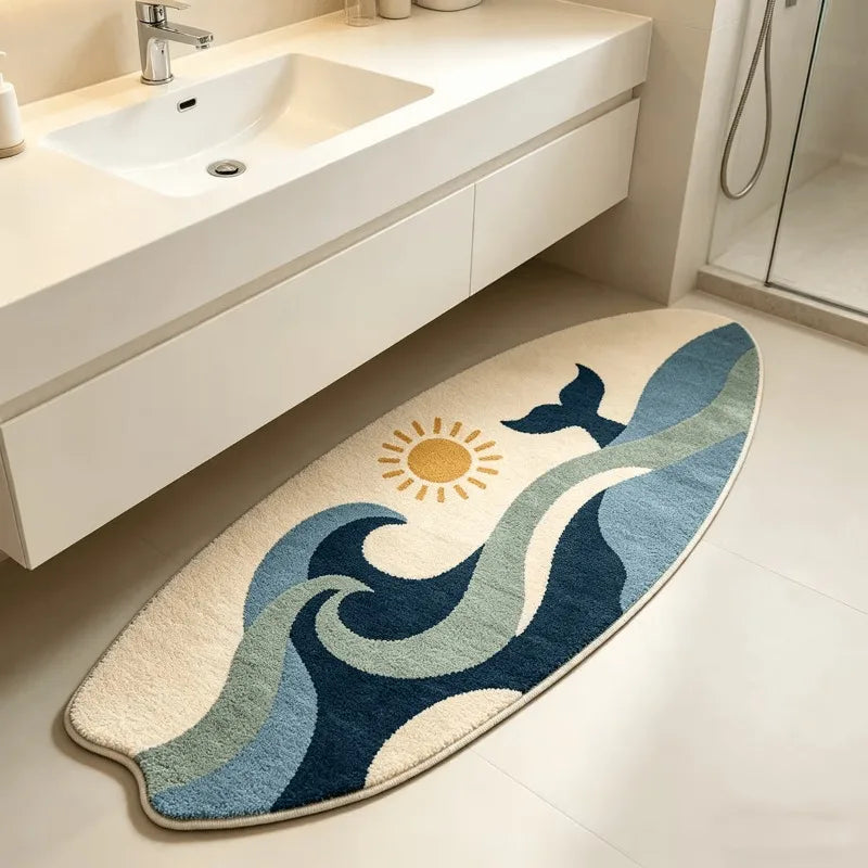 Summer Waves Whale Shaped Surfboard Rug Trendy Fun Unique Bedroom Bedside Carpet for Living Room Soft Washable Floor Mat