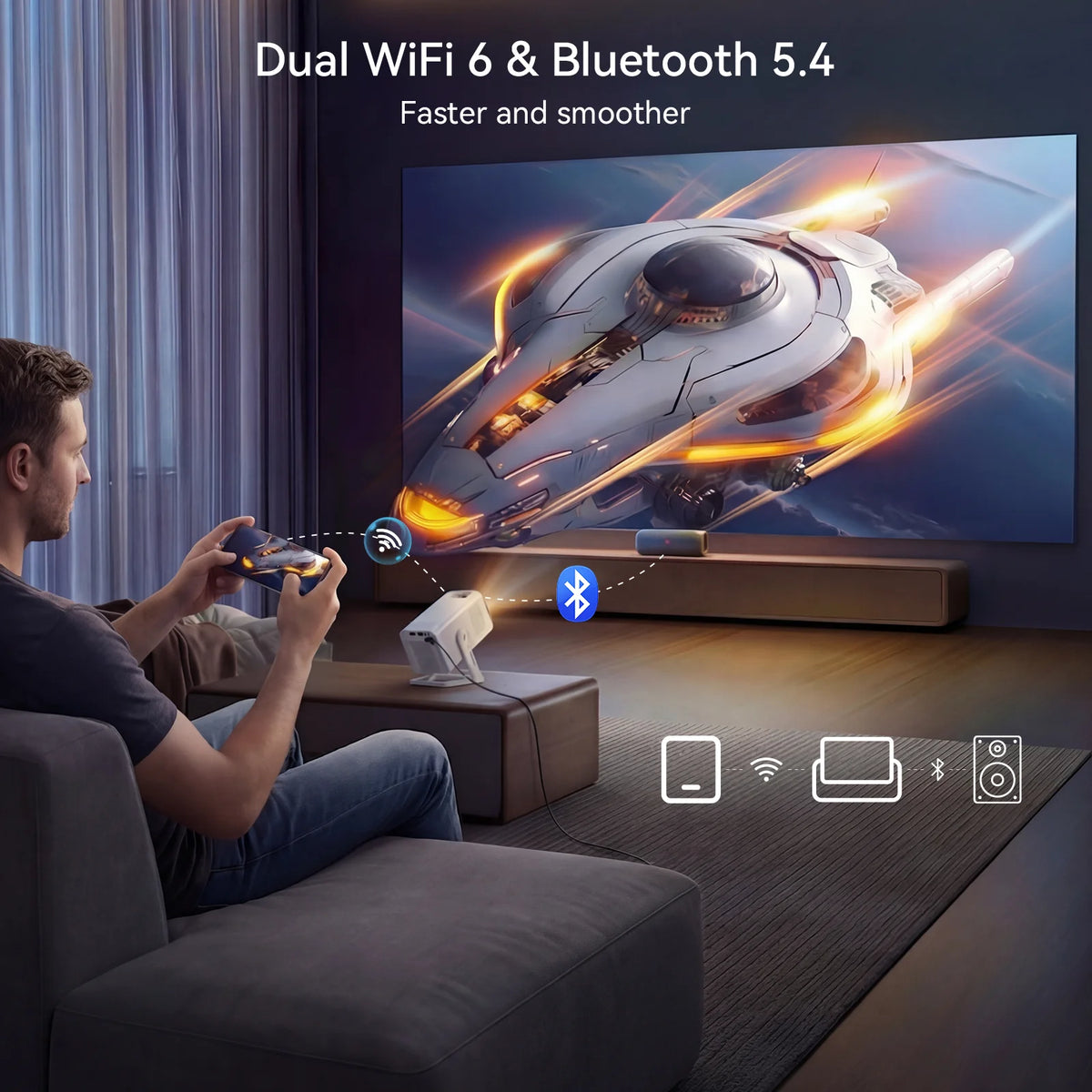 Smart Mini Projector Android 14, Supports 4K Video Native 720P, Bluetooth 5.4 with WiFi 6, Portable Outdoor Home Theater