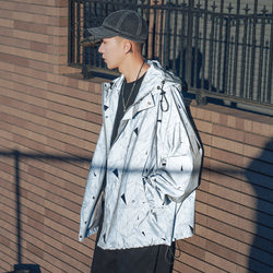 Korean Style Stand-up Collar Hooded Casual Reflective Jacket