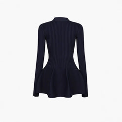 Pure Color Ruffles Hem Long Sleeve High Elastic V-neck Sweater Dress