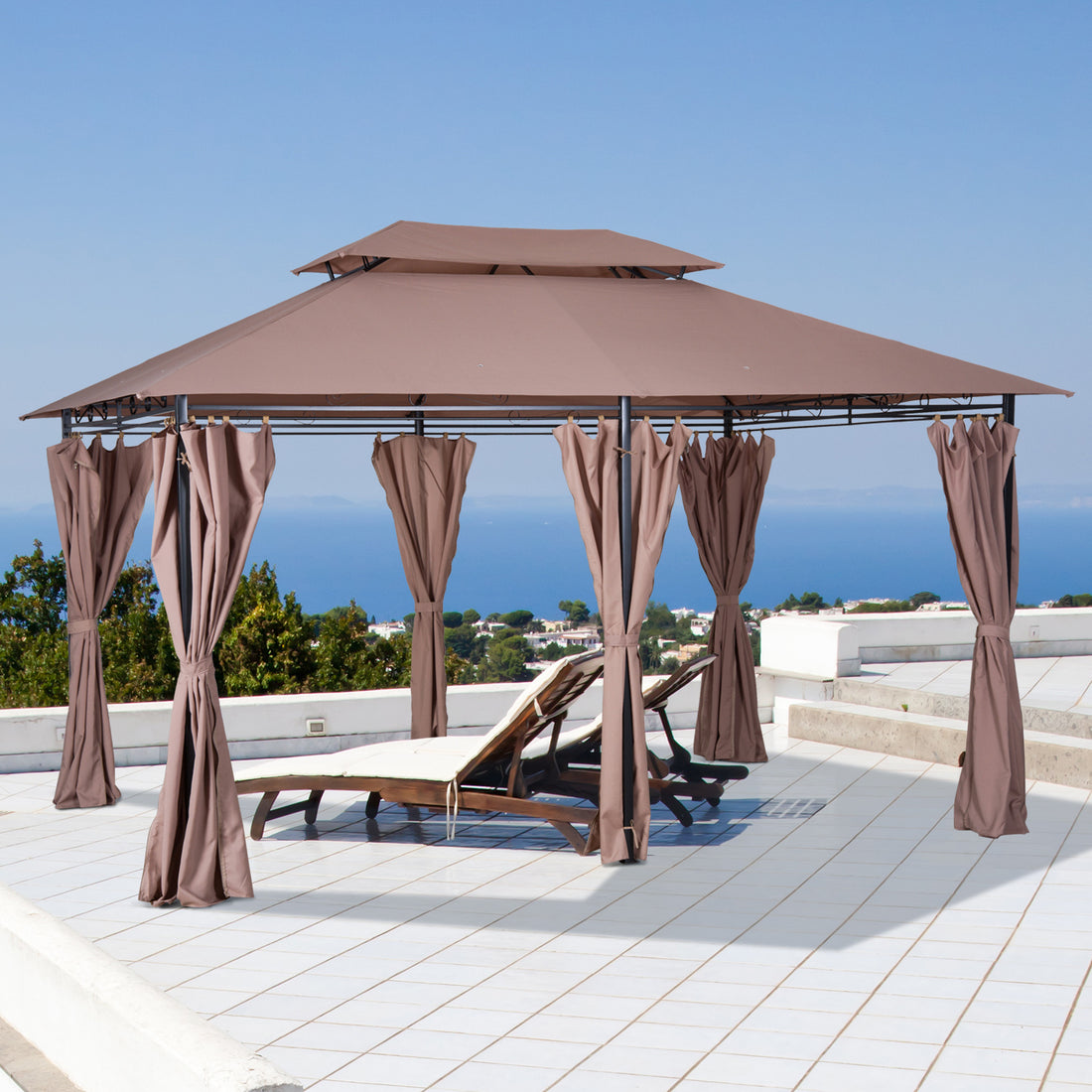 Gazebo 10x13 Khaki With Curtains Vented Roof And Steel Frame For Outdoor Use