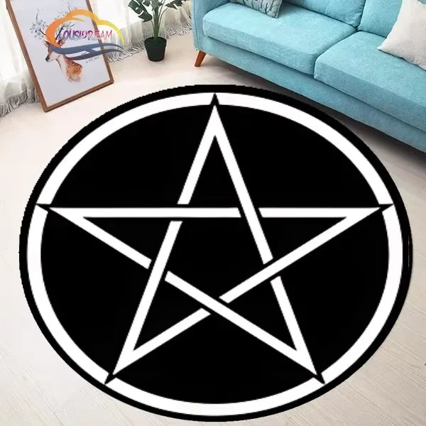 VIKAMA Black Round Five-Pointed Star Carpet Satan Devil Trap Carpet Non-Slip Rug Live Room Floor Ma Bedroom Carpet Home Decorati