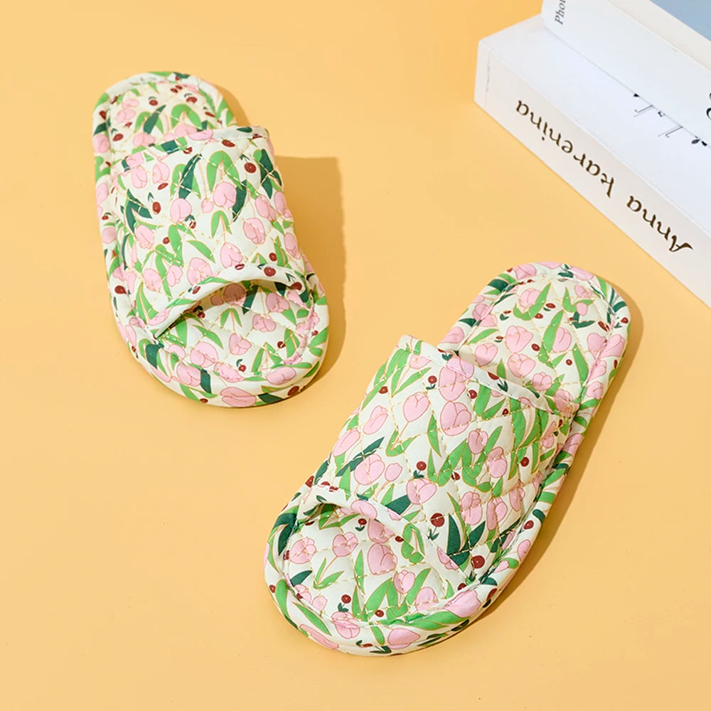 Summer Women Home Slippers Soft Cotton Floral Floor Shoes Antislip Indoor Slippers Fashion Lightweight Bedroom Shoes