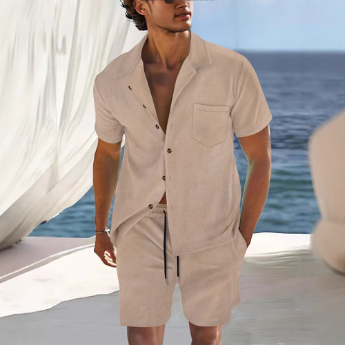 Men's Europe And America Cross Border Polyester Short Sleeve Cuban Collar Shirt Summer Suit