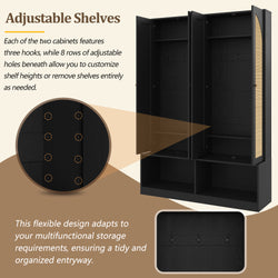 Farmhouse Hall Tree With Rattan Doors, Versatile 4-In-1 Seating Bench With 6 Hooks, Mid-Century Entryway Shoe Cabinet With Shelf For Living Room, Black, 55.1W