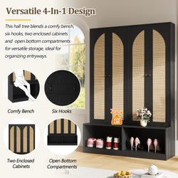 Farmhouse Hall Tree With Rattan Doors, Versatile 4-In-1 Seating Bench With 6 Hooks, Mid-Century Entryway Shoe Cabinet With Shelf For Living Room, Black, 55.1W