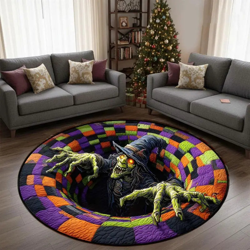 VIKAMA 3D Optical Illusion Witch Round Rug, Spooky Halloween Non-Slip Carpet, Living Room Holiday Decor Floor Mat