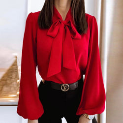 Bowknot Long Sleeve Shirt Collared Women's Solid Color Professional Business Blouse For Work Office Wear