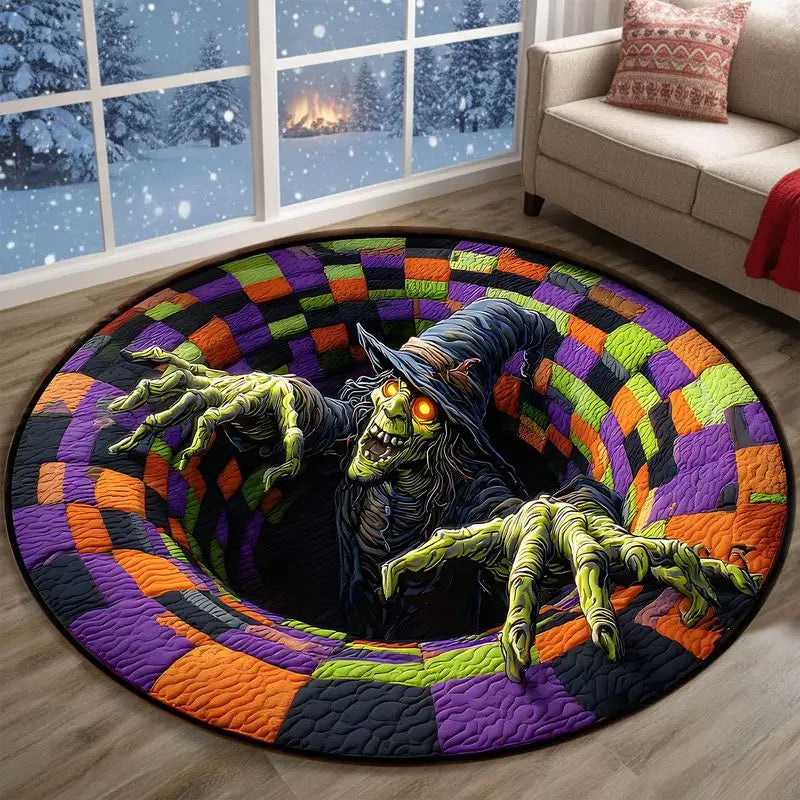 VIKAMA 3D Optical Illusion Witch Round Rug, Spooky Halloween Non-Slip Carpet, Living Room Holiday Decor Floor Mat