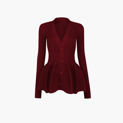Pure Color Ruffles Hem Long Sleeve High Elastic V-neck Sweater Dress