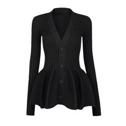 Pure Color Ruffles Hem Long Sleeve High Elastic V-neck Sweater Dress
