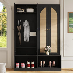 Farmhouse Hall Tree With Rattan Doors, Versatile 4-In-1 Seating Bench With 6 Hooks, Mid-Century Entryway Shoe Cabinet With Shelf For Living Room, Black, 55.1W