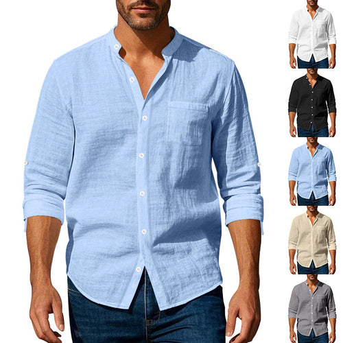Long Sleeve Stand Collar Shirt With Pockets Casual Men's Clothing — photo 1