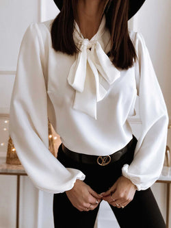 Bowknot Long Sleeve Shirt Collared Women's Solid Color Professional Business Blouse For Work Office Wear