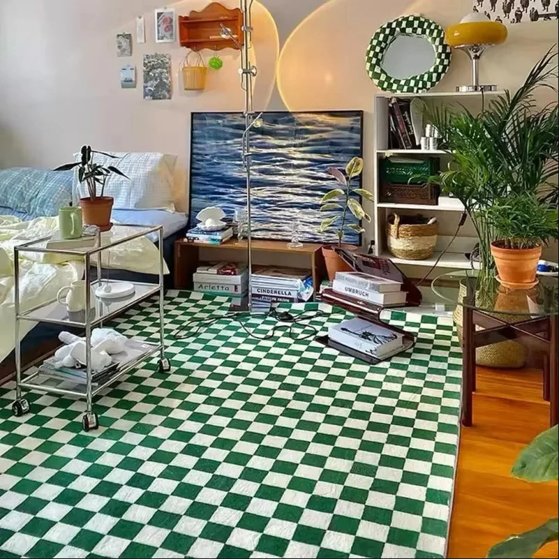 VIKAMA Checkerboard Carpet Living Room Modern Simple Nordic Bedroom Room Bedside Coffee Table Sofa Plaid Carpet Home Decoration