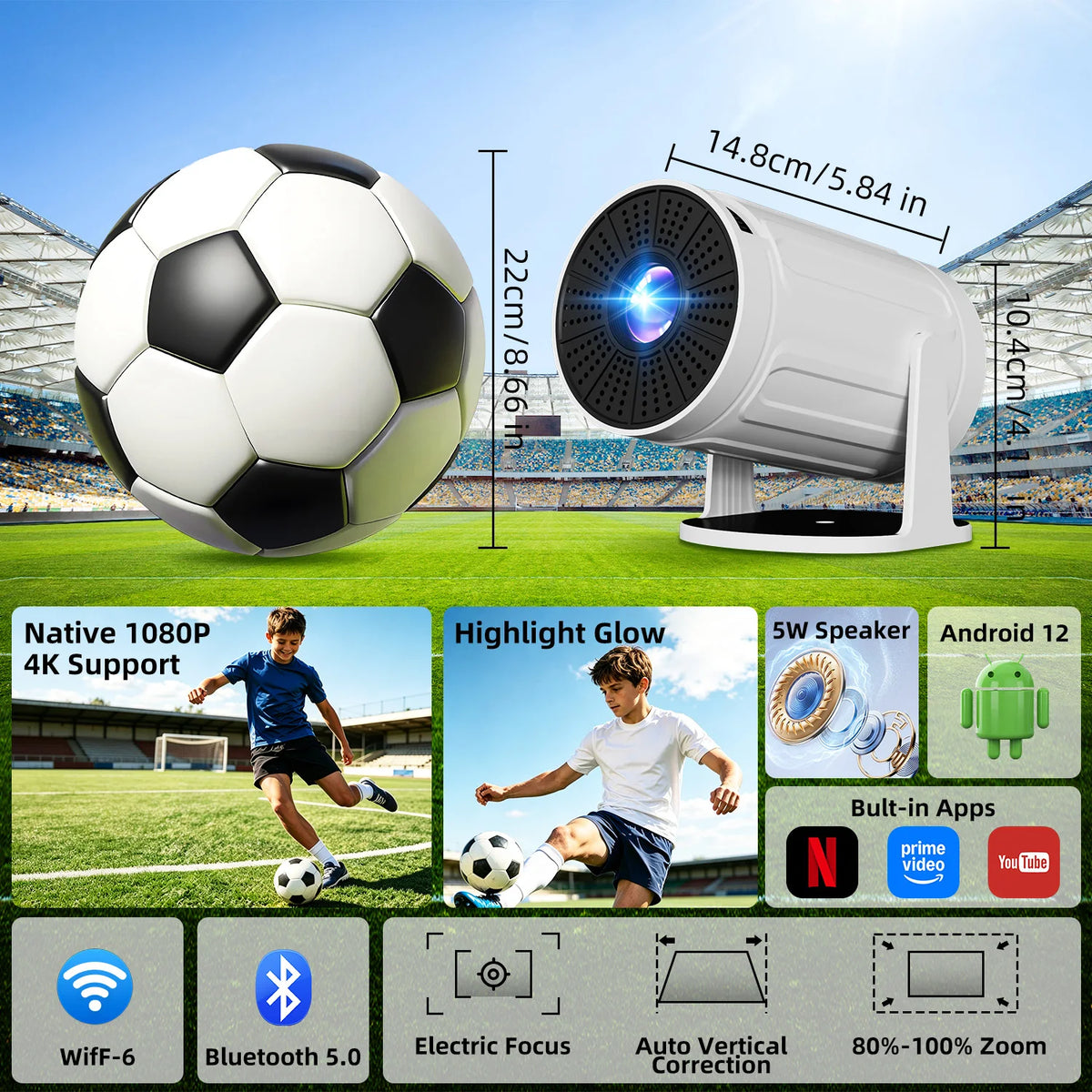 HA1 Mini Portable Smart Projector Android12 Native 1080P 4K Supported WiFi6 Bluetooth 5.0 Electric Focus Home Cinema Projector