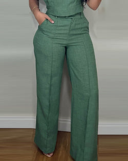 Summer Sleeveless Suit Fashion Round Neck Vest Top And Pocket Straight Pants Casual Trousers Set For Women Clothing