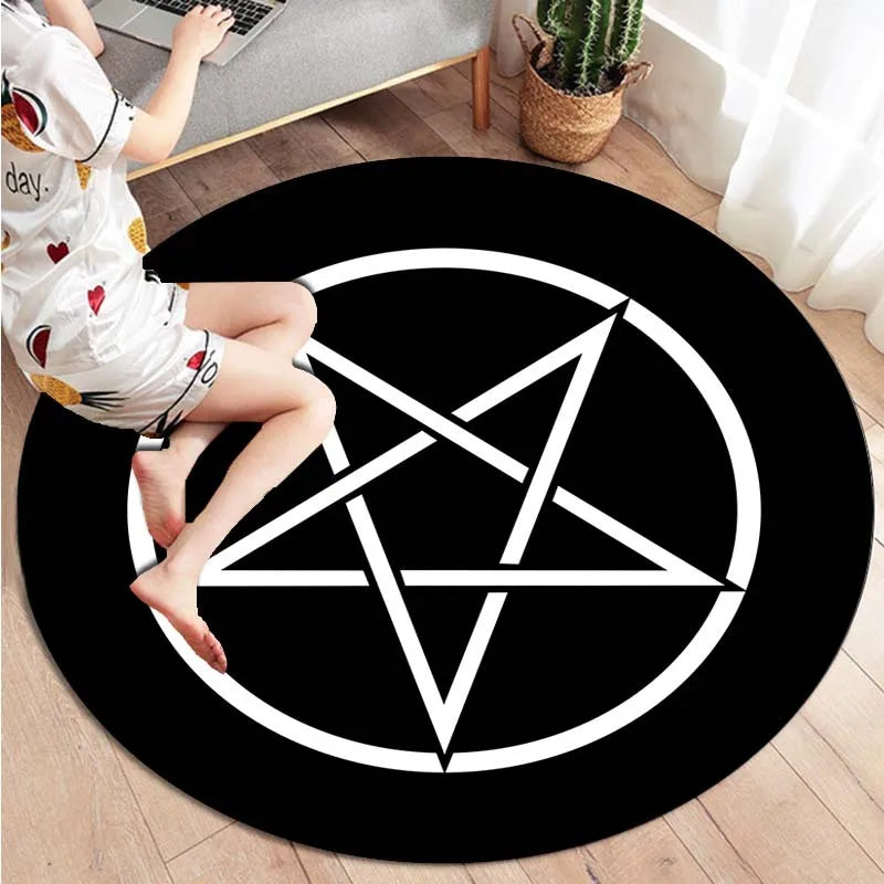 VIKAMA Black Round Five-Pointed Star Carpet Satan Devil Trap Carpet Non-Slip Rug Live Room Floor Ma Bedroom Carpet Home Decorati