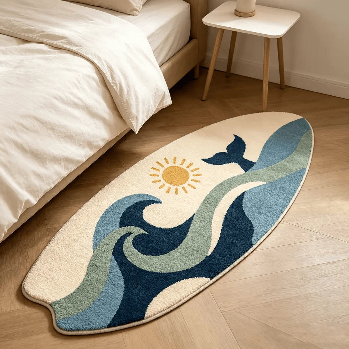 Summer Waves Whale Shaped Surfboard Rug Trendy Fun Unique Bedroom Bedside Carpet for Living Room Soft Washable Floor Mat
